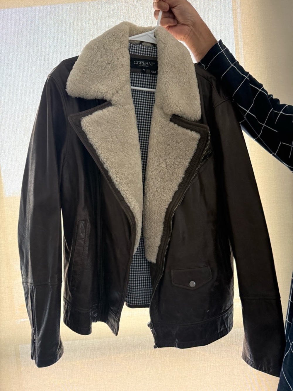 Men's Brown Leather Shearling Jacket with Cream Collar